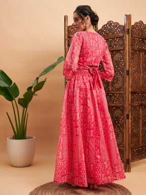 Pink Floral Anarkali Skirt With Wrap Crop Top-Shae by SASSAFRAS