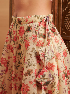Beige Floral Anarkali Skirt With Frill Crop Top-Shae by SASSAFRAS