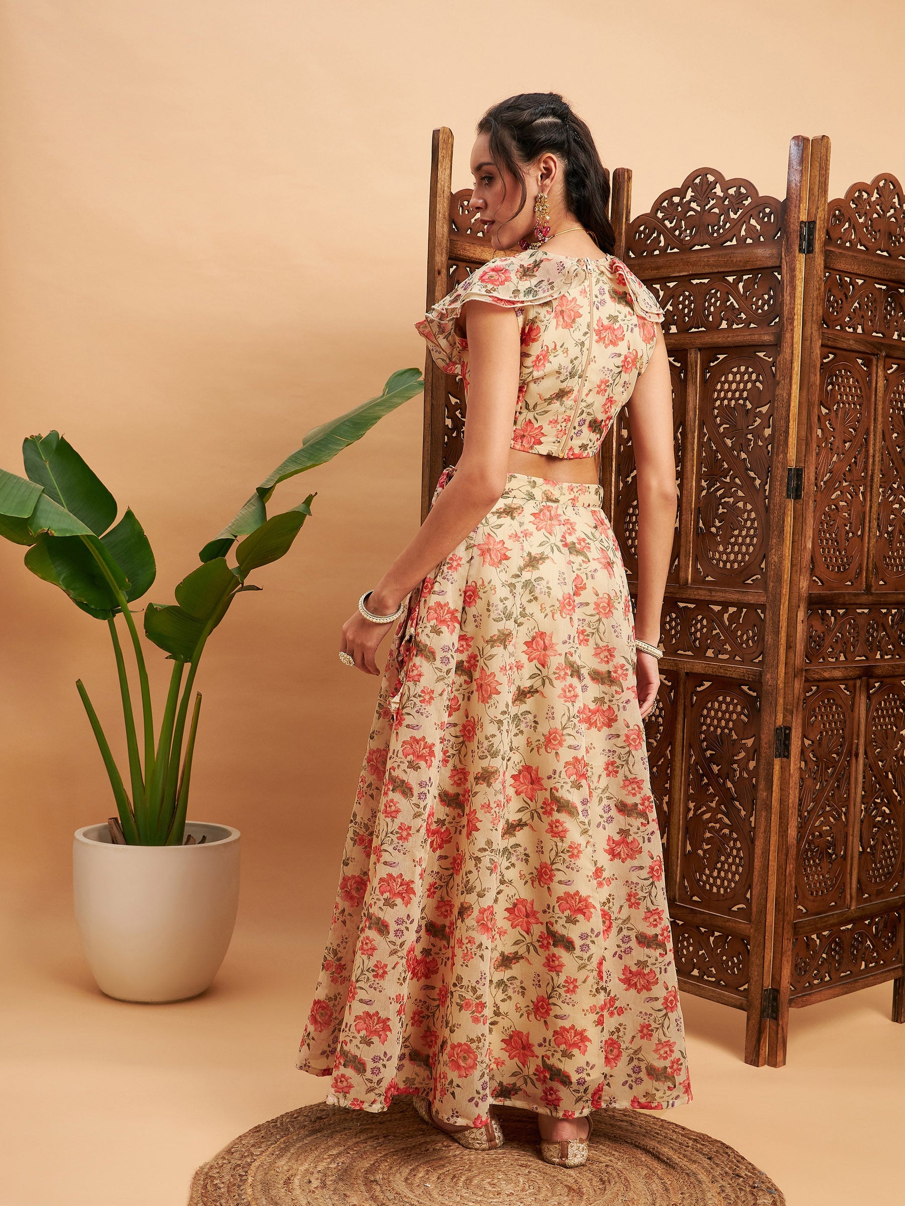 Beige Floral Anarkali Skirt With Frill Crop Top-Shae by SASSAFRAS