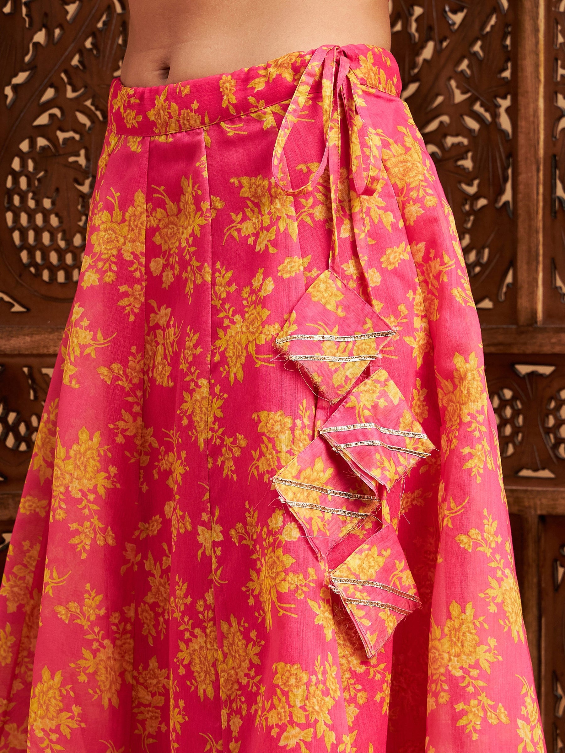 Fuchsia Floral Anarkali Skirt With Frill Crop Top-Shae by SASSAFRAS