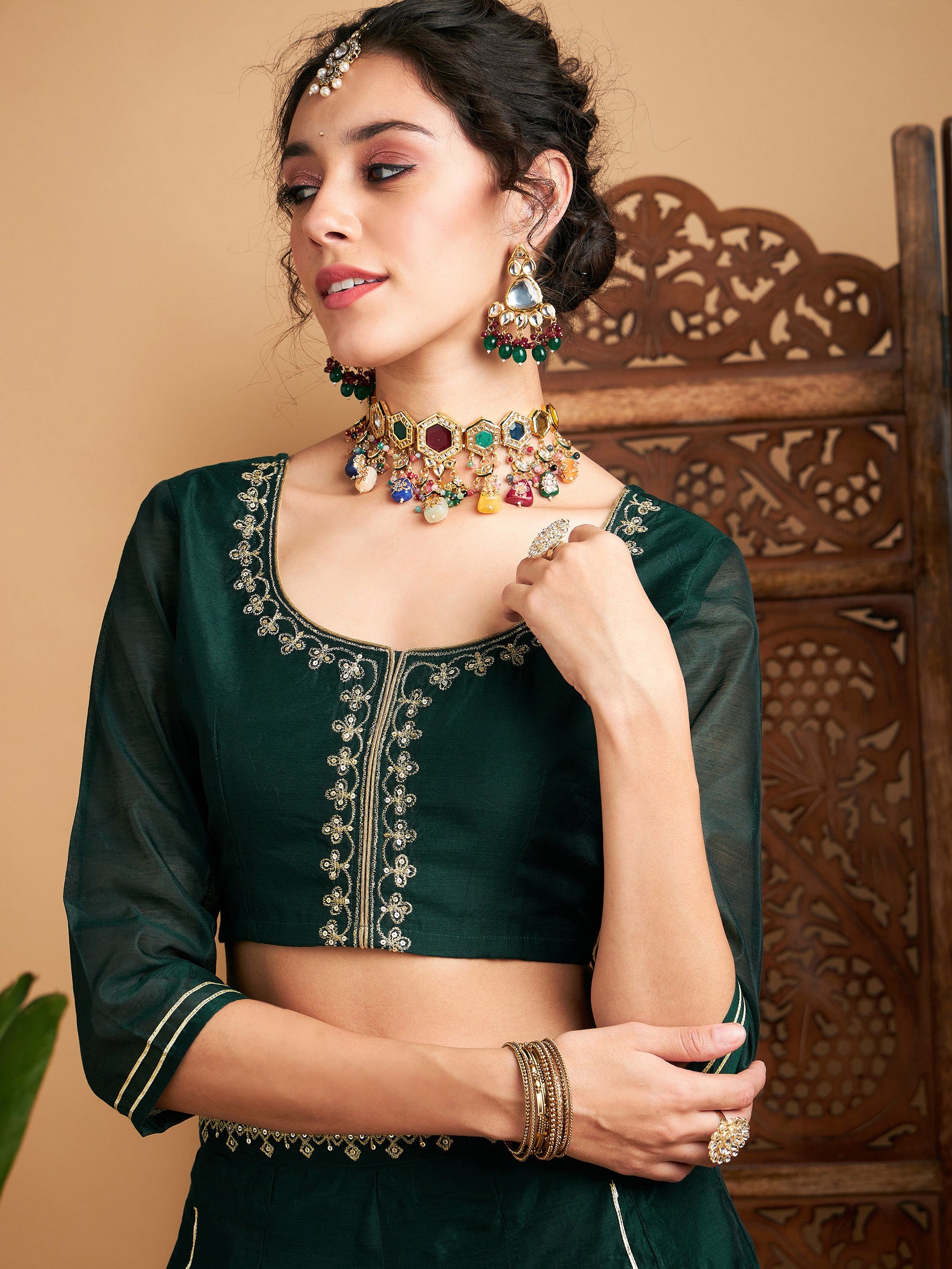 Emerald Embroidered Anarkali Skirt With Crop Top-Shae by SASSAFRAS