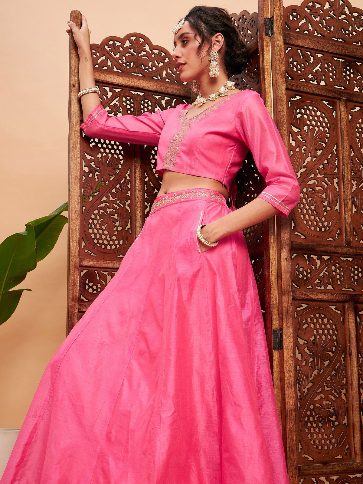 Pink Embroidered Anarkali Skirt With Crop Top-Shae by SASSAFRAS
