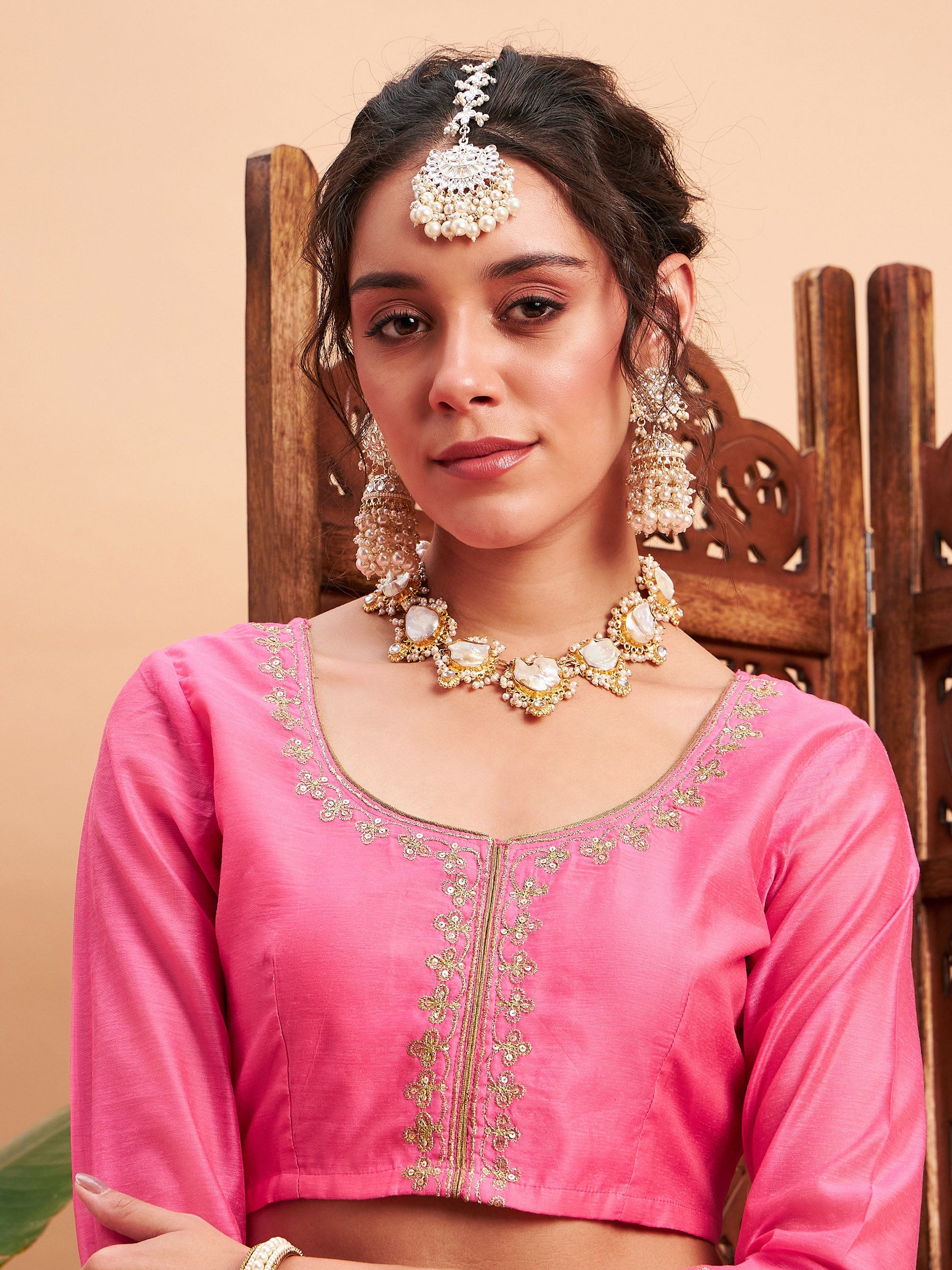 Pink Embroidered Anarkali Skirt With Crop Top-Shae by SASSAFRAS