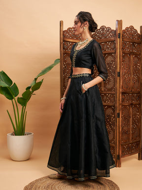 Black Embroidered Anarkali Skirt With Crop Top-Shae by SASSAFRAS