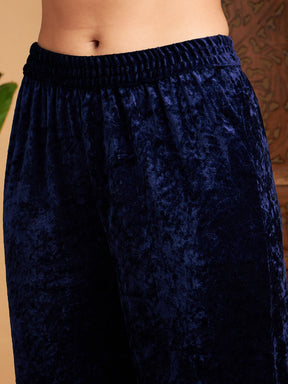 Navy Velvet Embroidered Short Kurta With Pants-Shae by SASSAFRAS