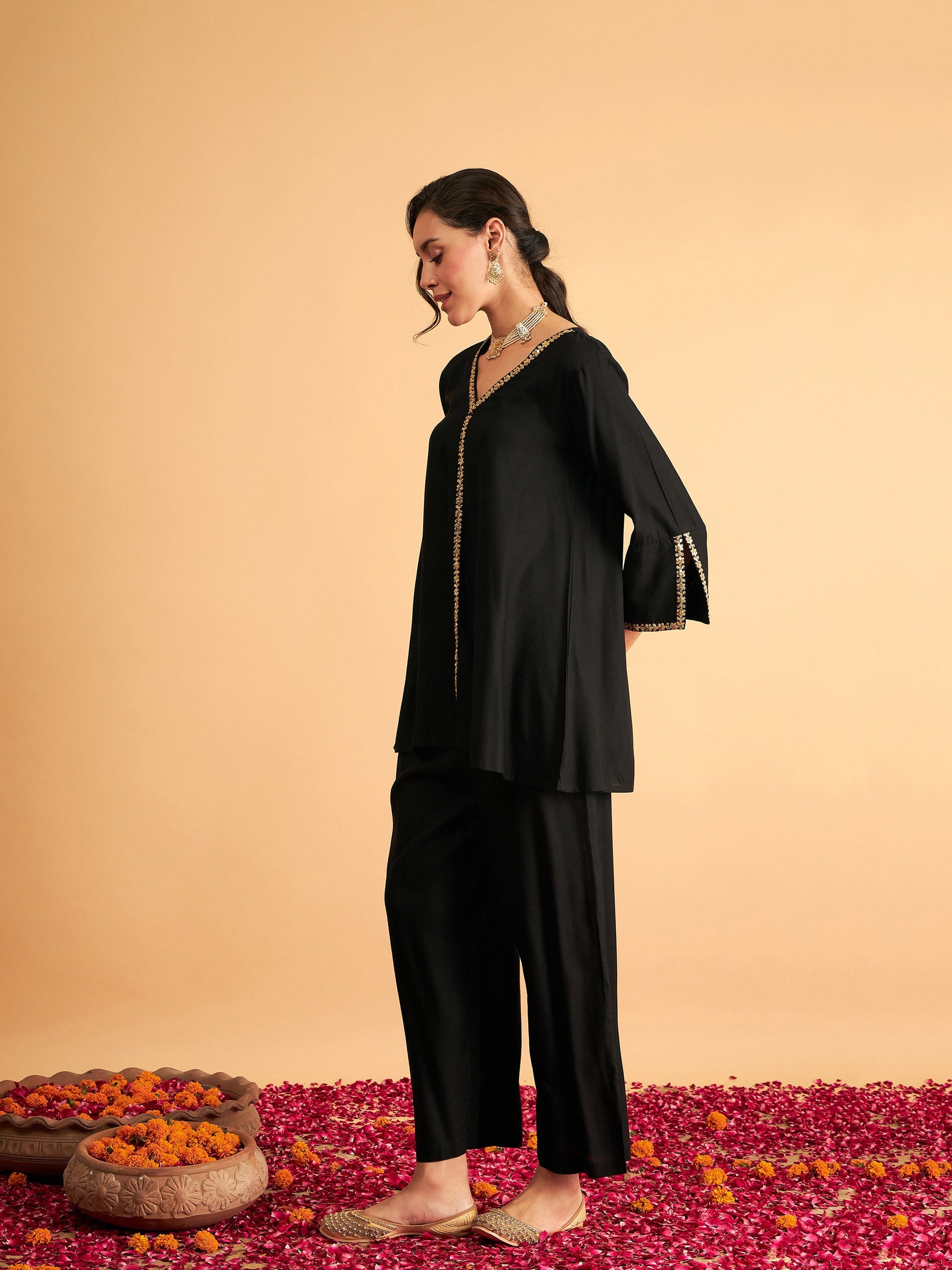 Black Embroidered A Line Top With Straight Pants-Shae by SASSAFRAS