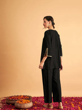 Black Embroidered A Line Top With Straight Pants-Shae by SASSAFRAS