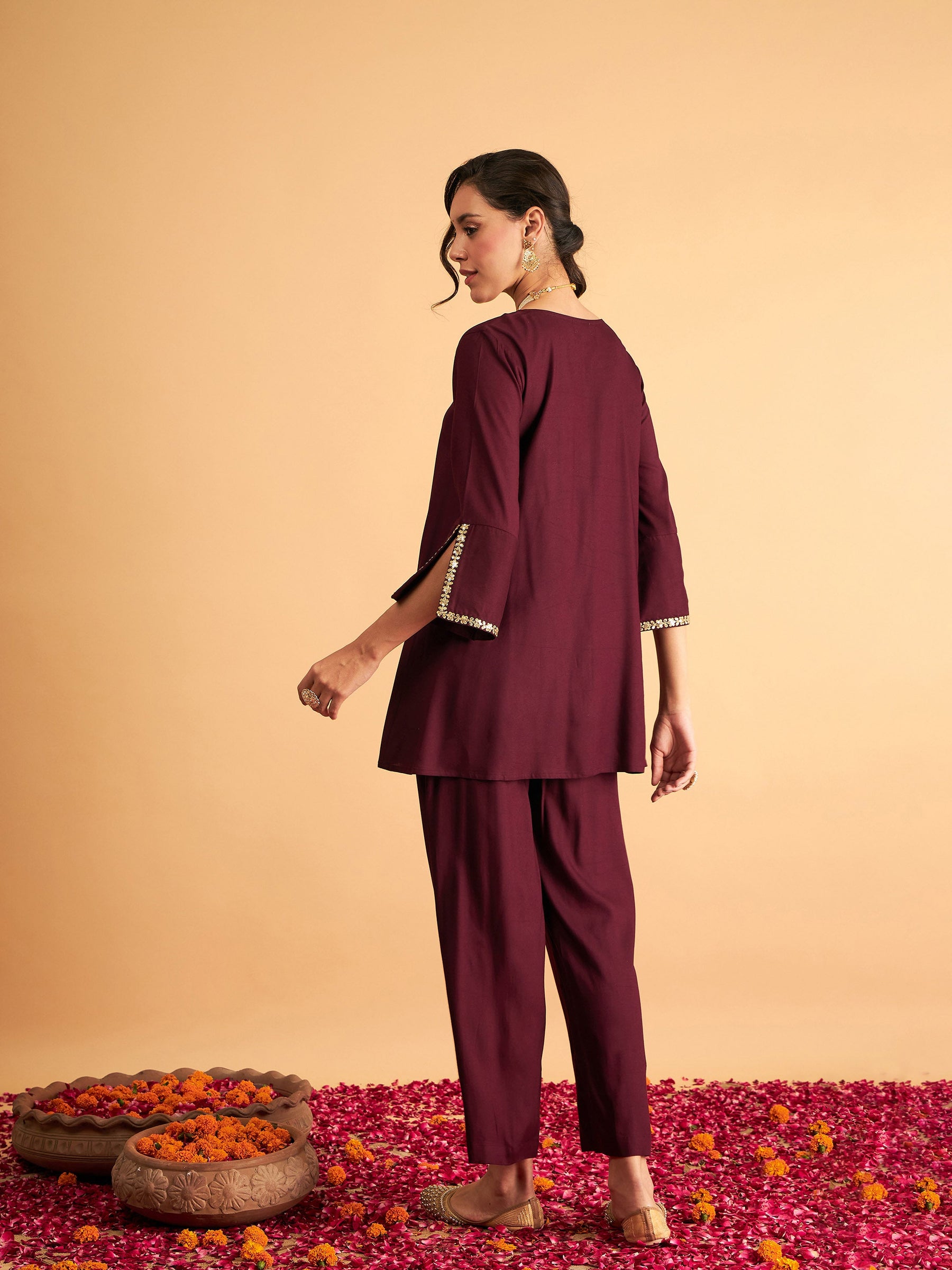 Burgundy Embroidered A Line Top With Straight Pants-Shae by SASSAFRAS