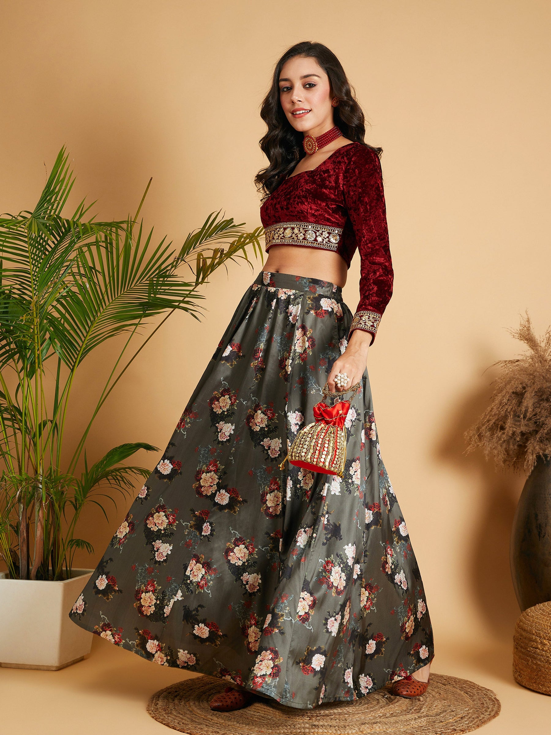 Olive Floral Skirt With Maroon Velvet Full Sleeves Crop Top-Shae by SASSAFRAS