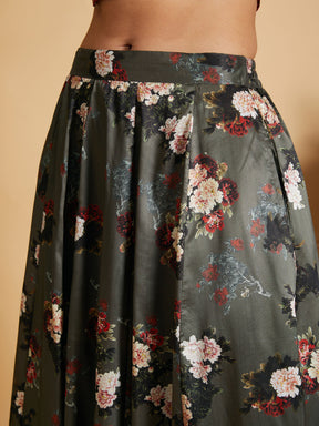 Olive Floral Skirt With Maroon Velvet Full Sleeves Crop Top-Shae by SASSAFRAS