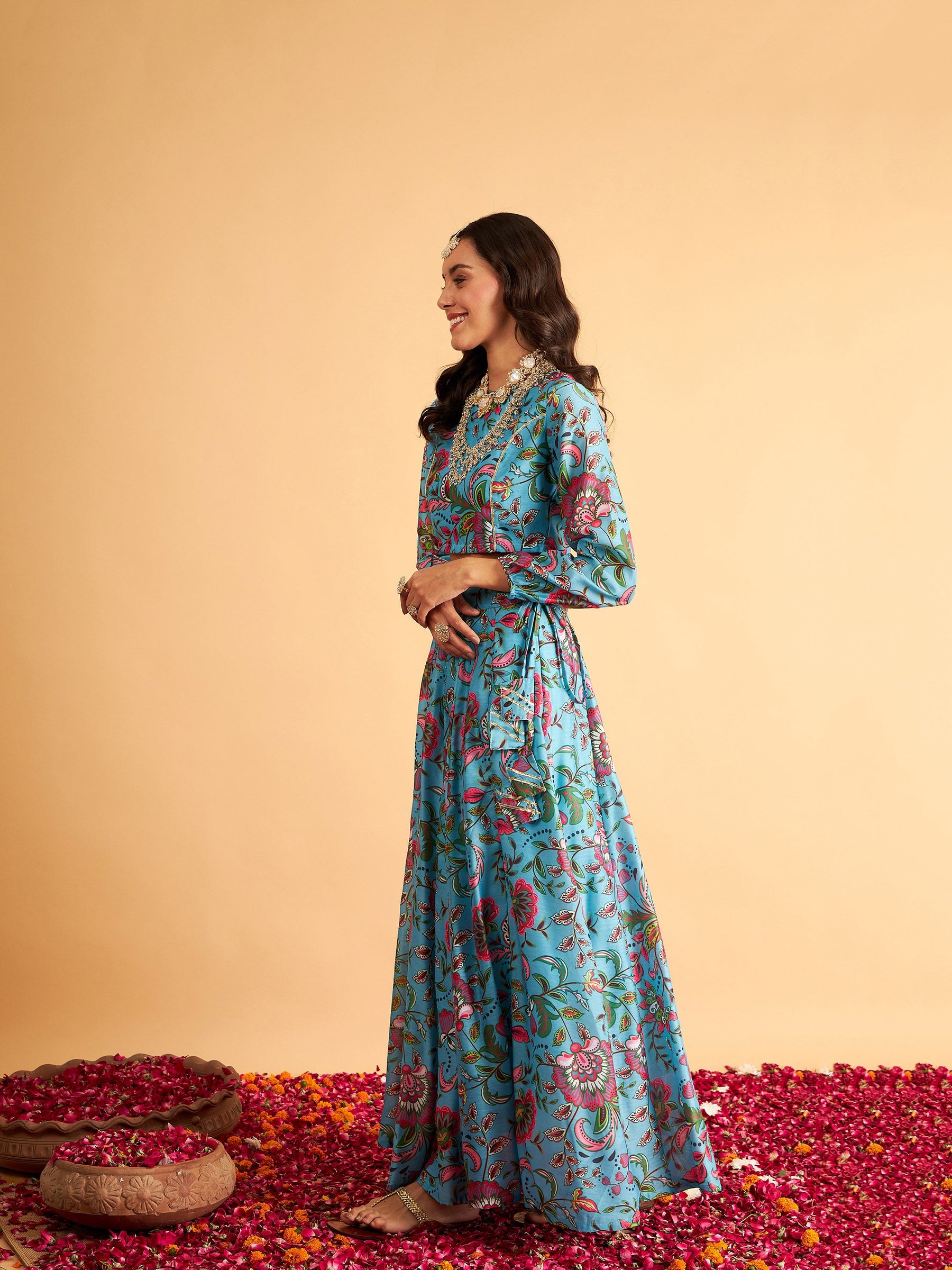 Blue Floral Anarkali Side Tussle Skirt With Crop Top-Shae by SASSAFRAS