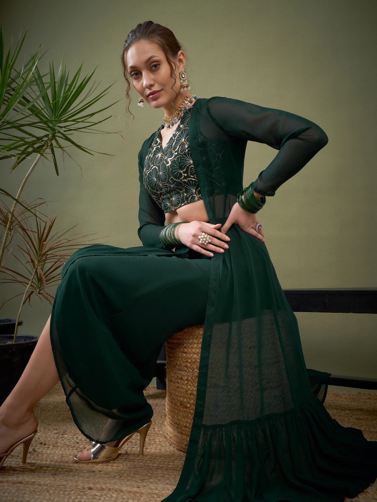 Emerald Green Crop Top With Dhoti Skirt & Shrug-Shae by SASSAFRAS