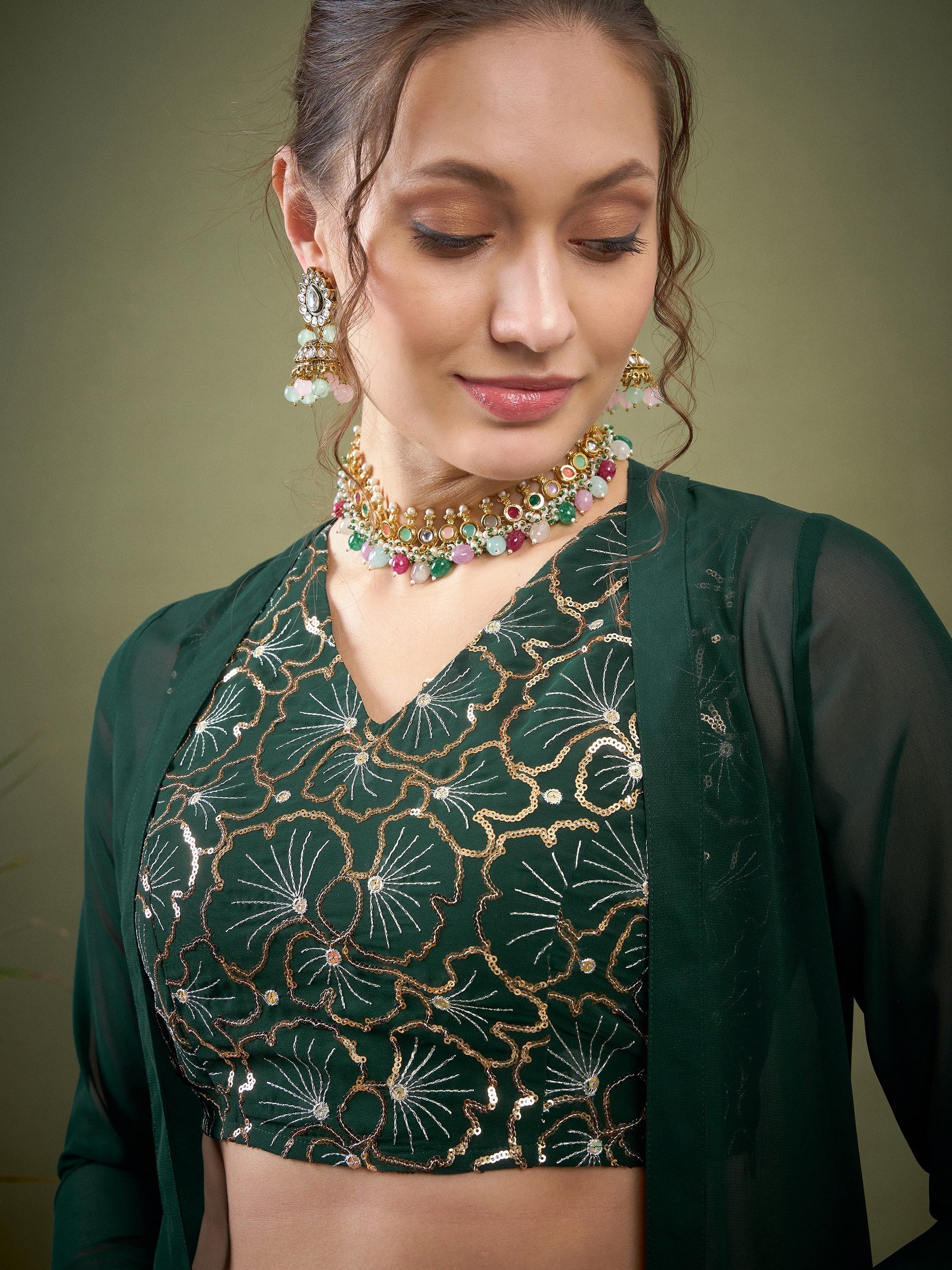 Emerald Green Crop Top With Dhoti Skirt & Shrug-Shae by SASSAFRAS