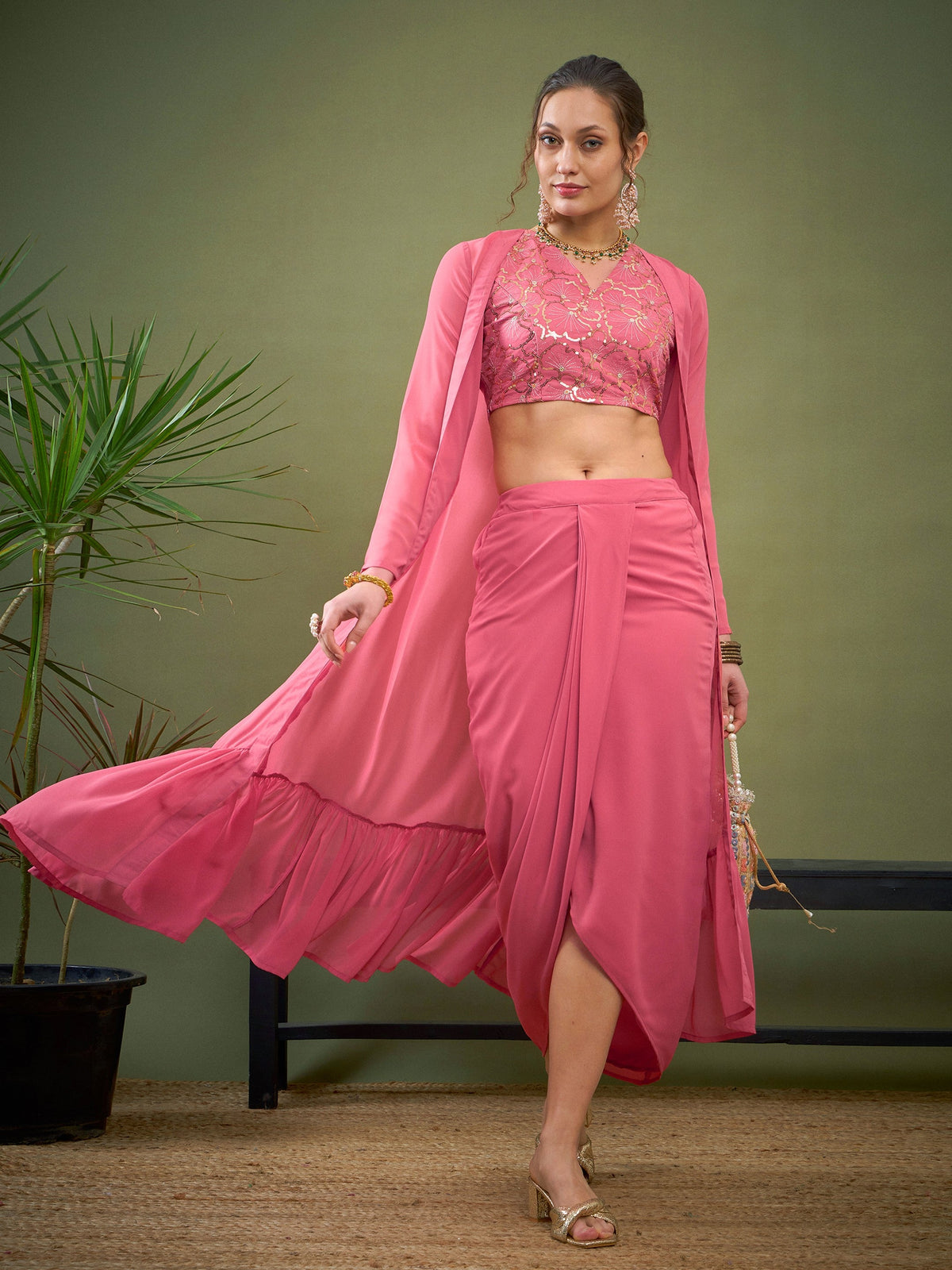 Pink Crop Top With Dhoti Skirt & Shrug-Shae by SASSAFRAS