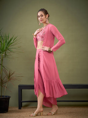 Pink Crop Top With Dhoti Skirt & Shrug-Shae by SASSAFRAS