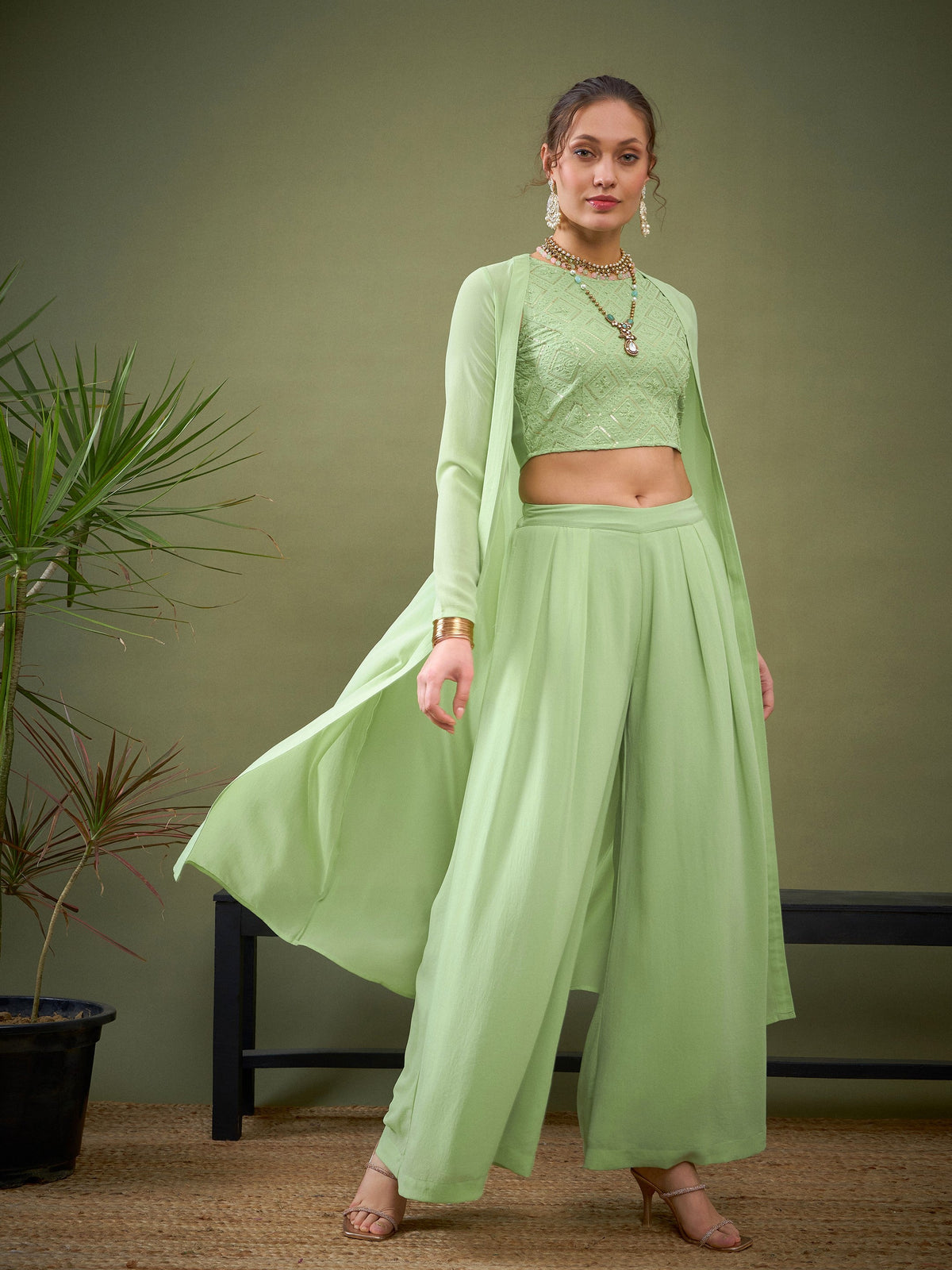 Mint Green Crop Top With Palazzos & Shrug-Shae by SASSAFRAS