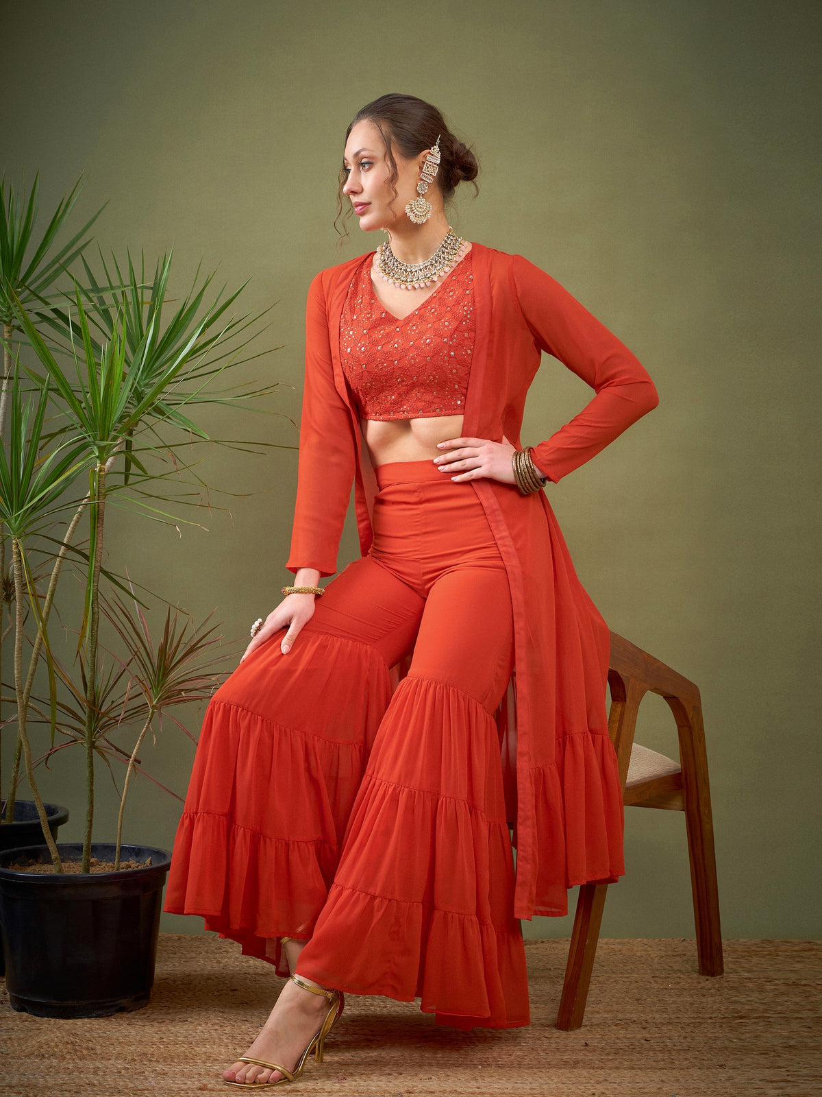 Red Crop Top With Tiered Sharara & Shrug-Shae by SASSAFRAS