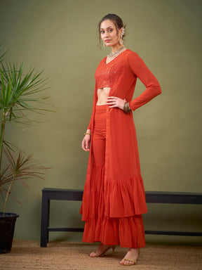Red Crop Top With Tiered Sharara & Shrug-Shae by SASSAFRAS