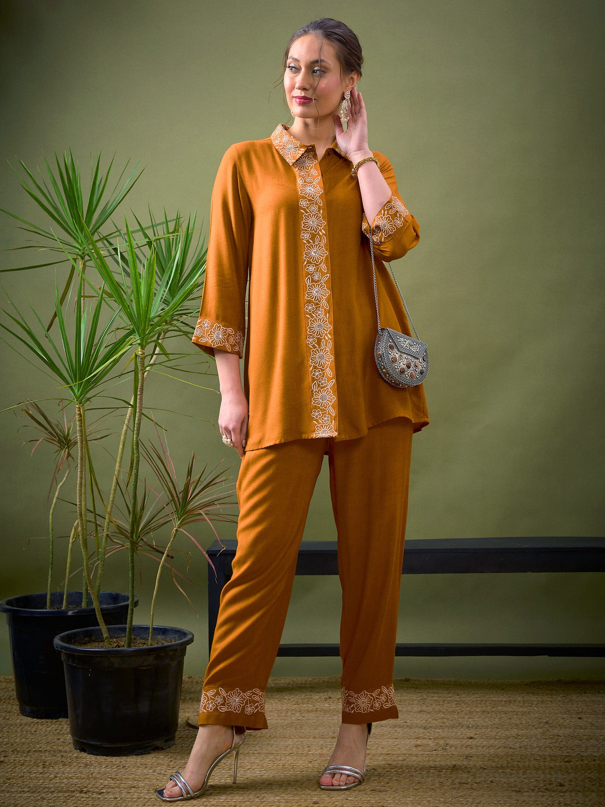 Mustard Collar And Placket Embroidered Shirt With Palazzos-Shae by SASSAFRAS