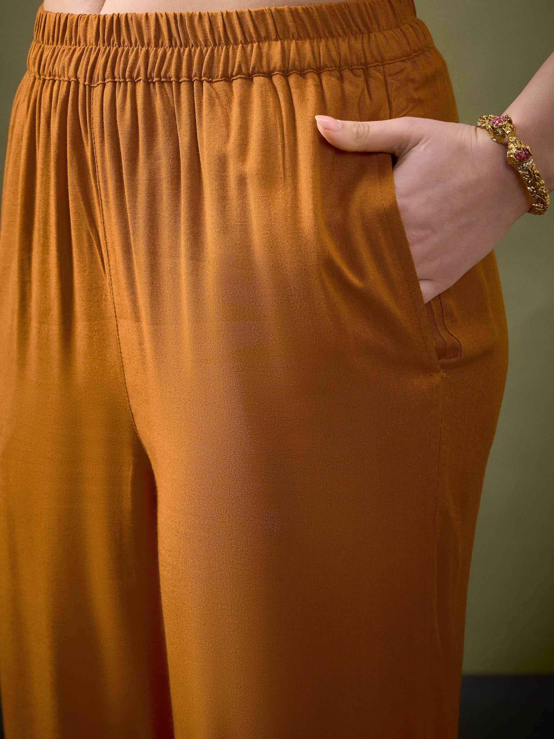 Mustard Collar And Placket Embroidered Shirt With Palazzos-Shae by SASSAFRAS