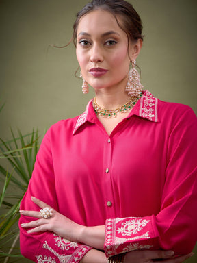 Fuchsia Collar And Sleeve Embroidered Shirt With Palazzos-Shae by SASSAFRAS