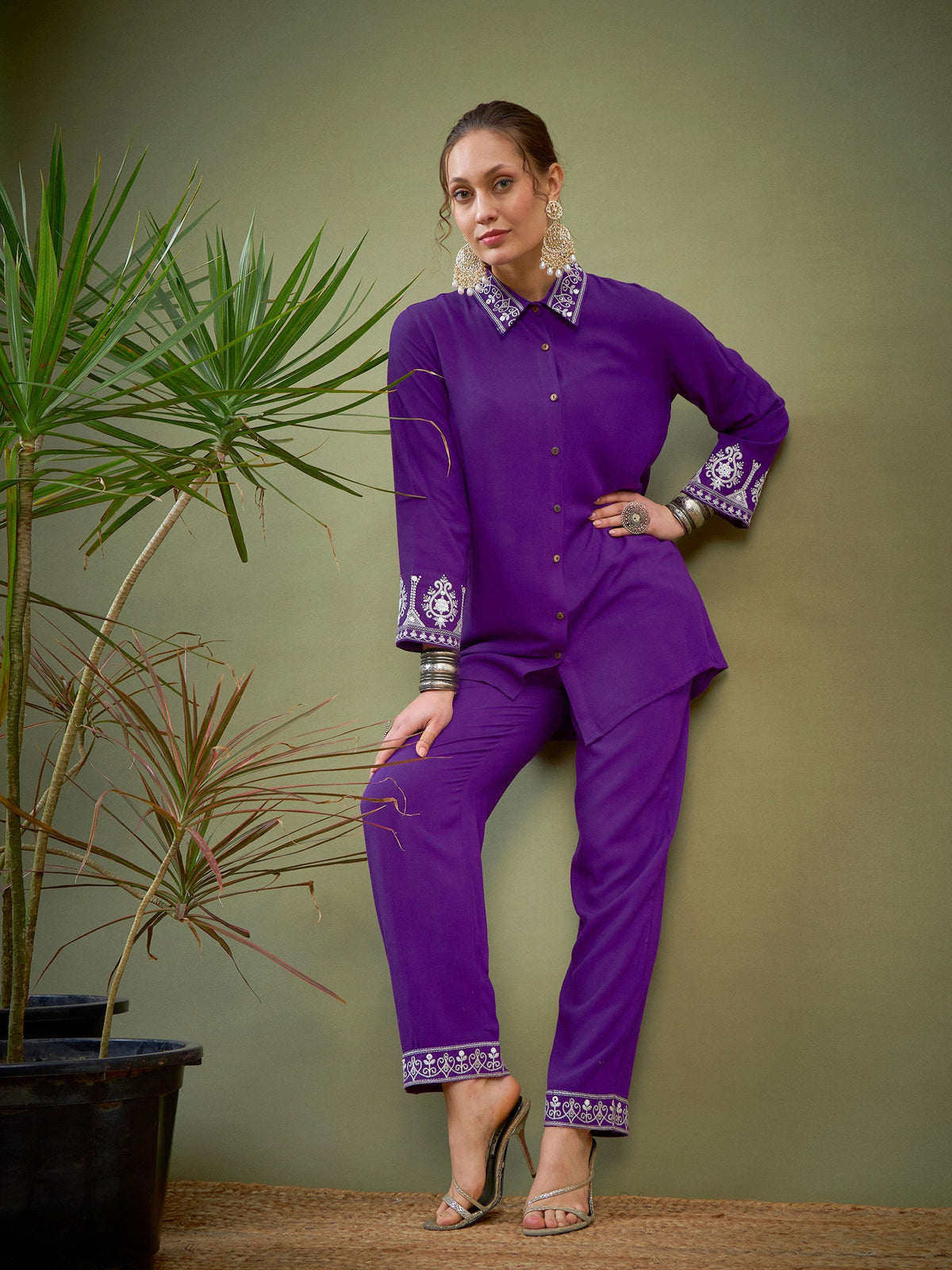 Purple Collar And Sleeve Embroidered Shirt With Palazzos-Shae by SASSAFRAS
