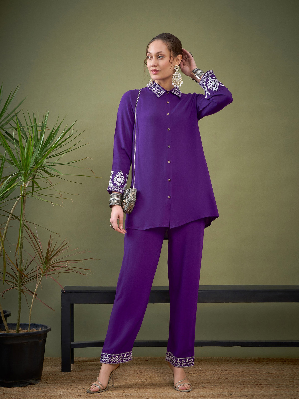 Purple Collar And Sleeve Embroidered Shirt With Palazzos-Shae by SASSAFRAS