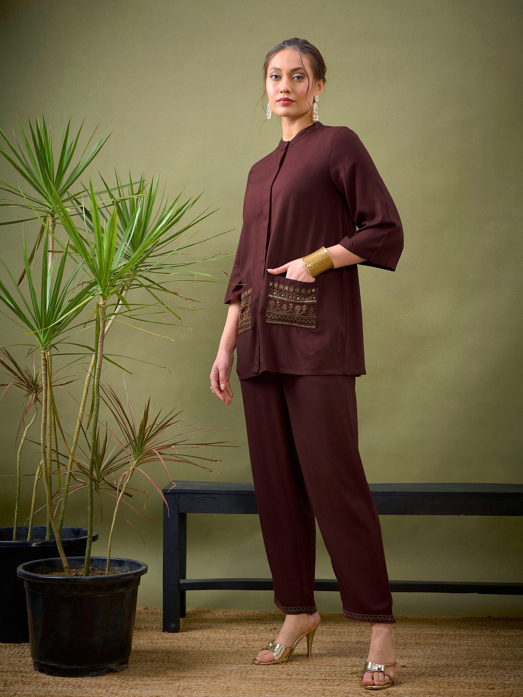 Brown Embroidered Pocket Shirt With Palazzos-Shae by SASSAFRAS