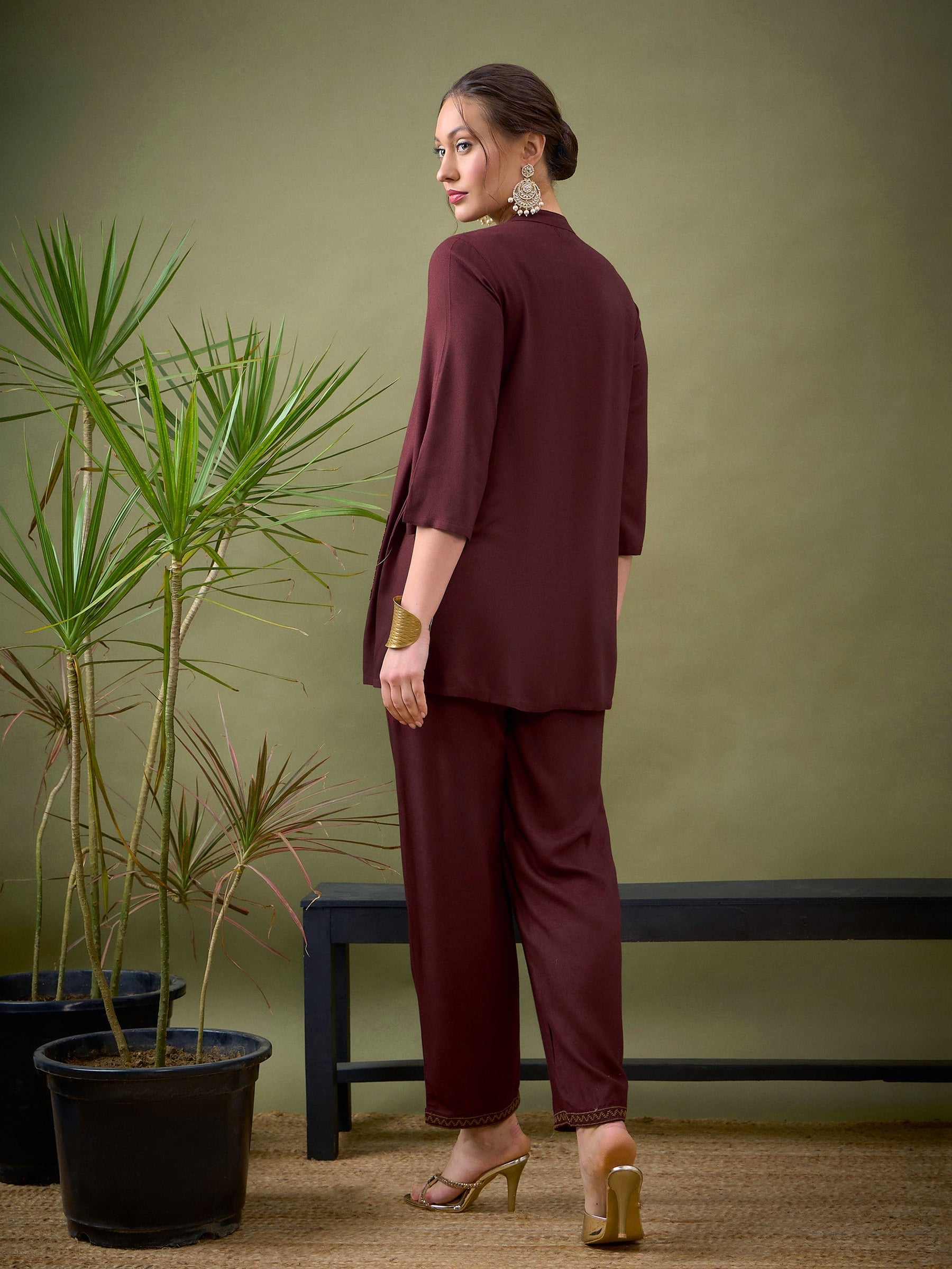 Brown Embroidered Pocket Shirt With Palazzos-Shae by SASSAFRAS