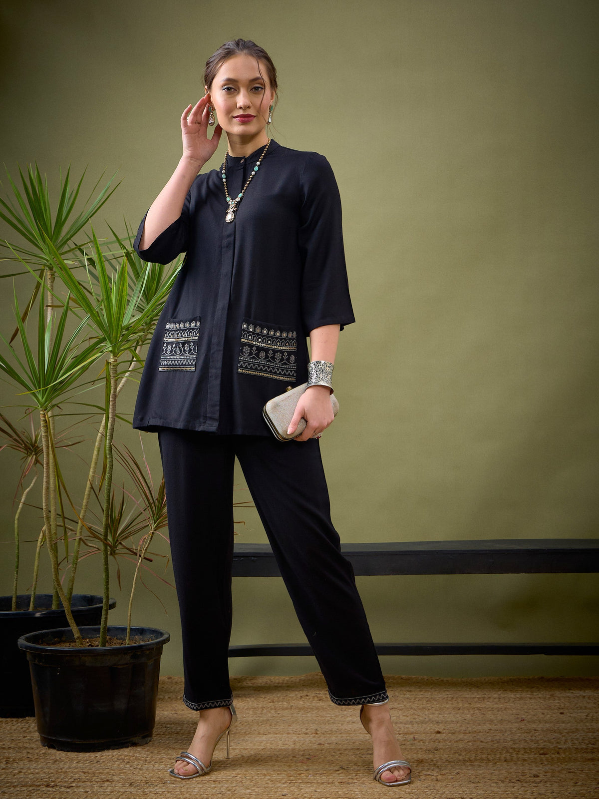Black Embroidered Pocket Shirt With Palazzos-Shae by SASSAFRAS