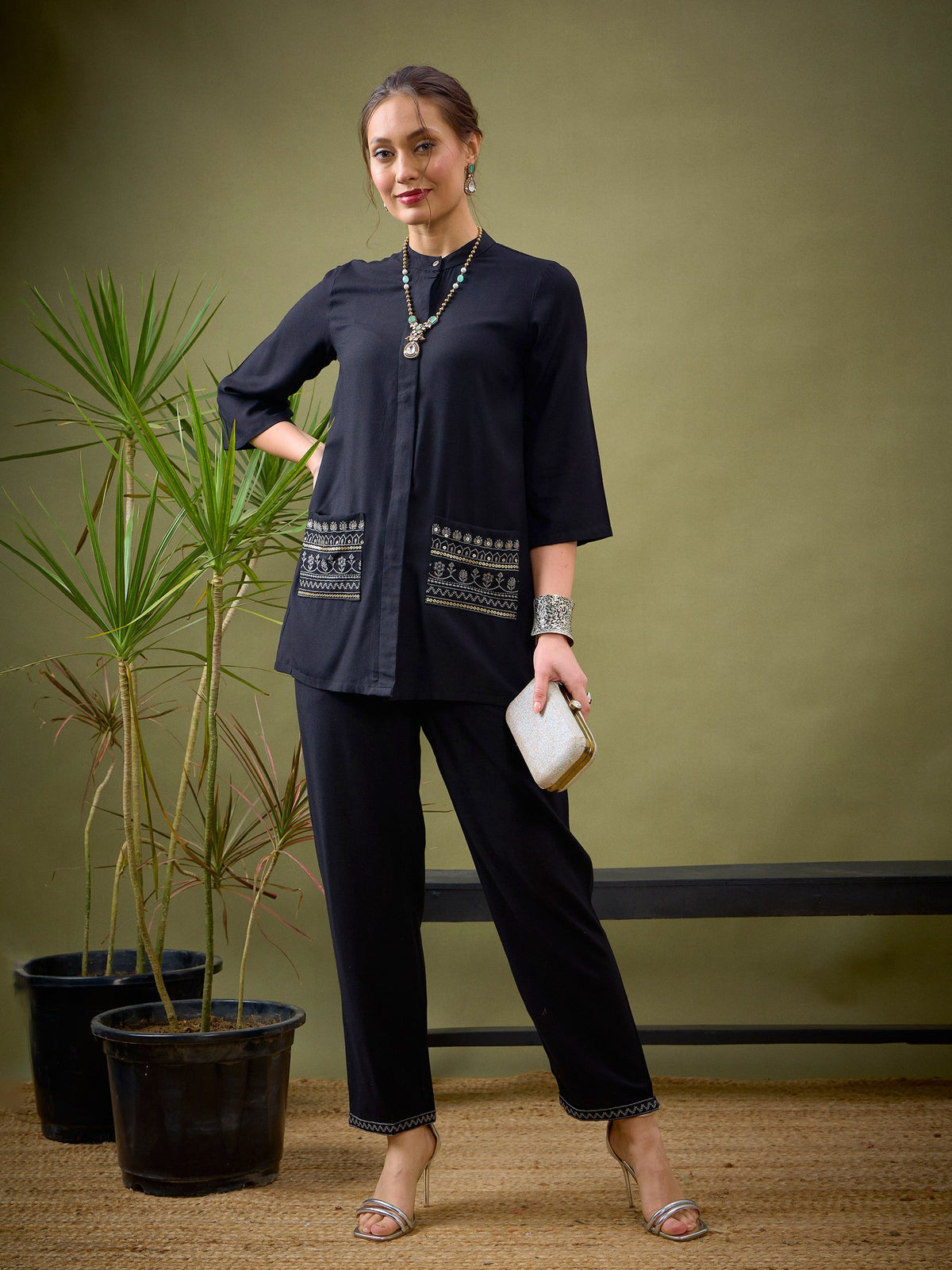 Black Embroidered Pocket Shirt With Palazzos-Shae by SASSAFRAS