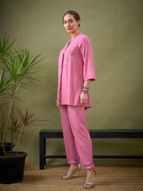Pink L-Shape Embroidered Shirt With Palazzos-Shae by SASSAFRAS