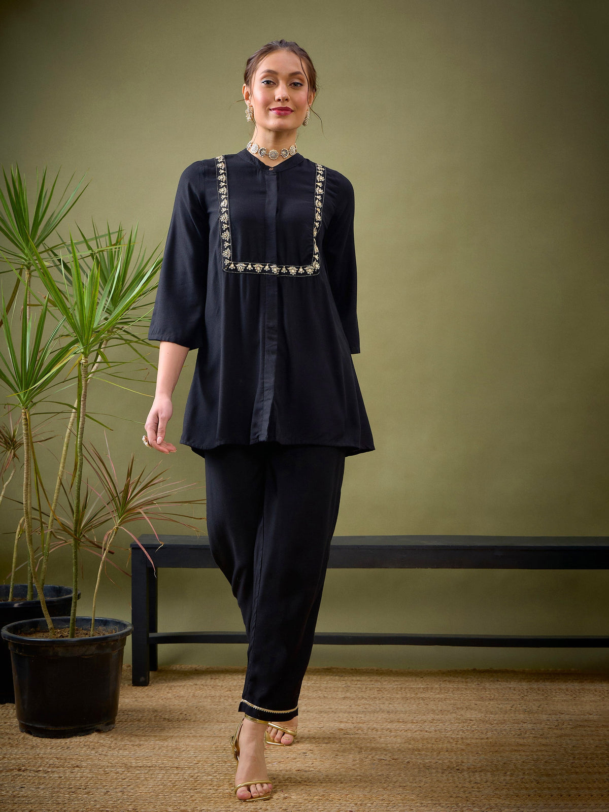 Black L-Shape Embroidered Shirt With Palazzos-Shae by SASSAFRAS