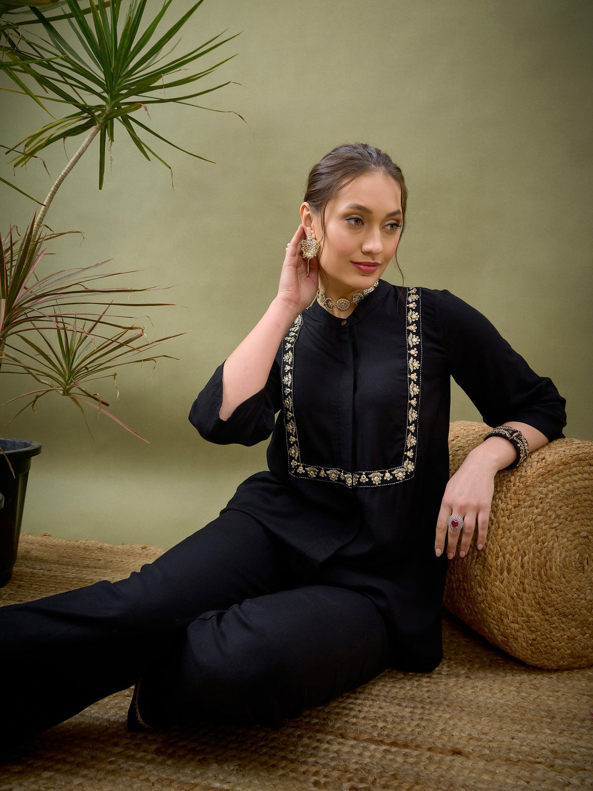 Black L-Shape Embroidered Shirt With Palazzos-Shae by SASSAFRAS