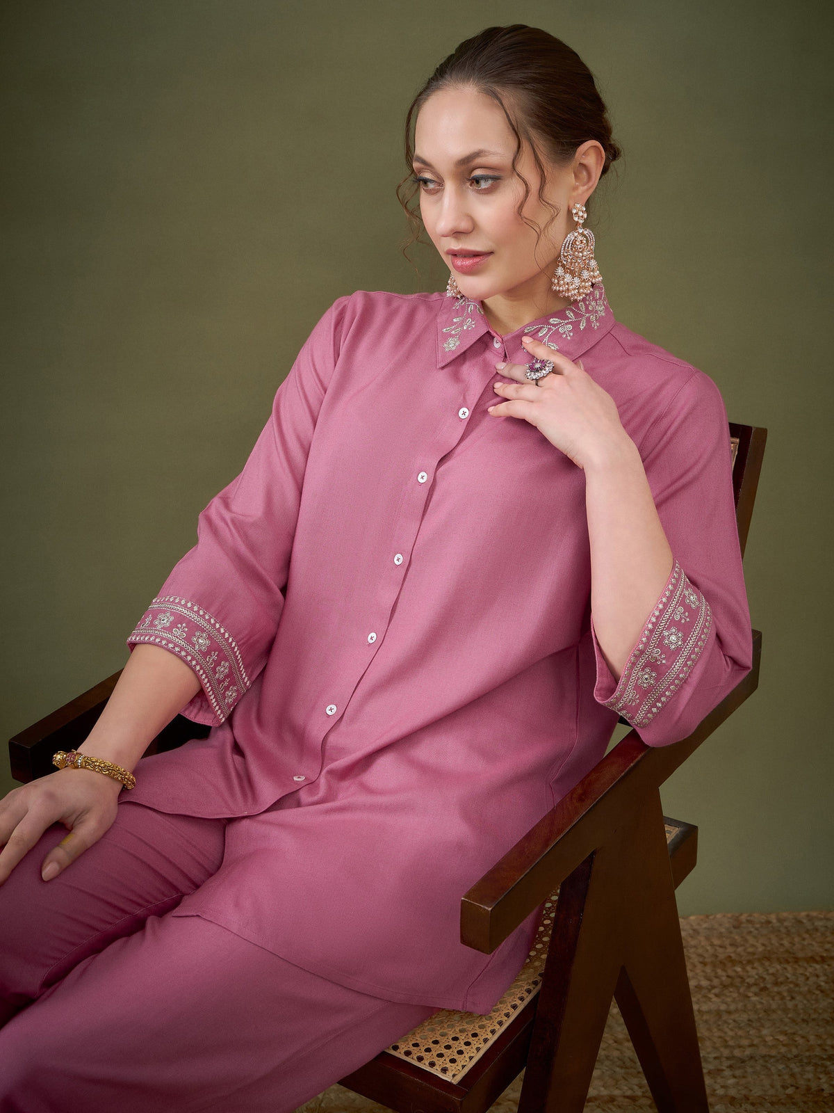 Pink Embroidered Shirt With Palazzos-Shae by SASSAFRAS