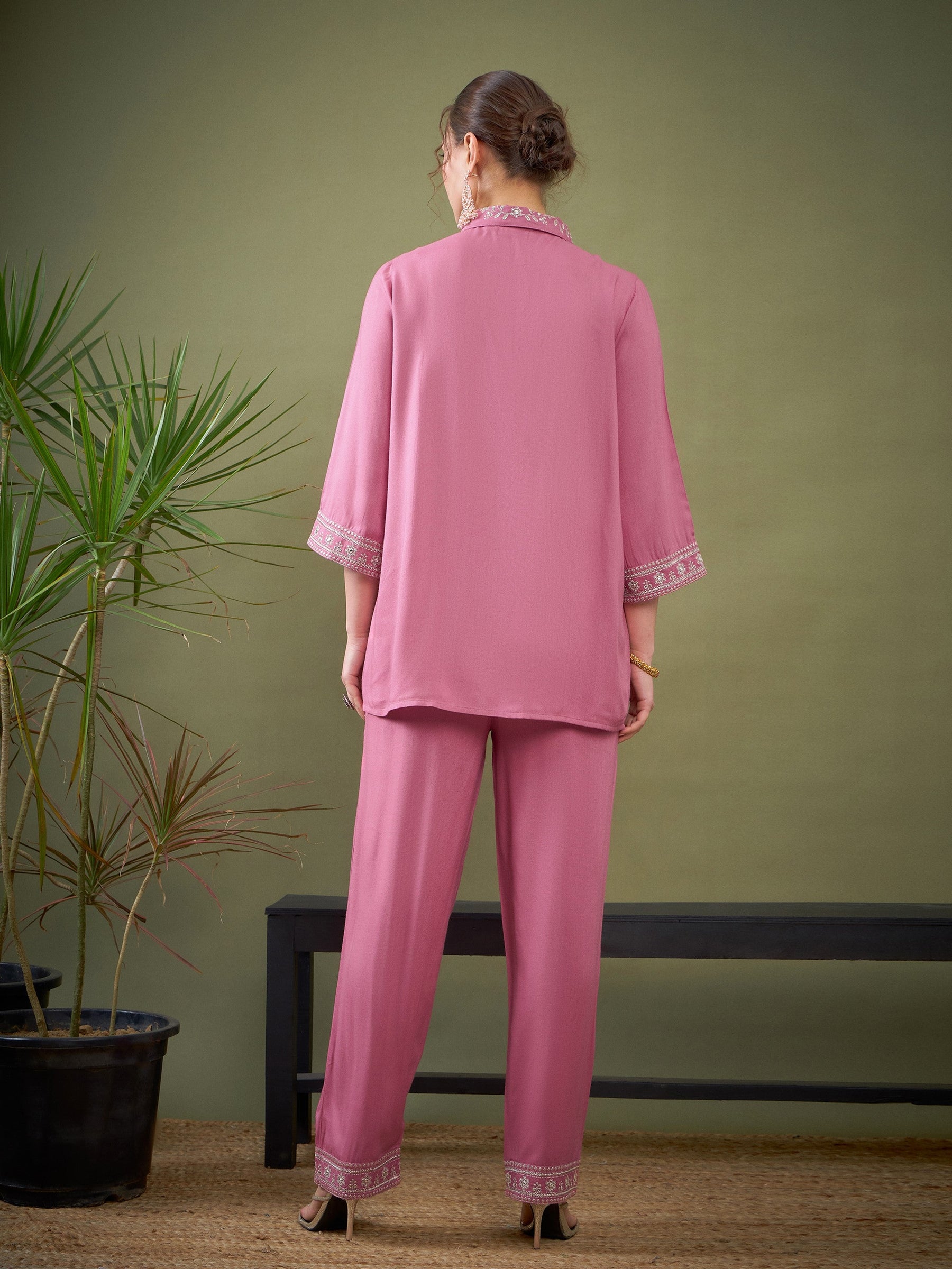 Pink Embroidered Shirt With Palazzos-Shae by SASSAFRAS
