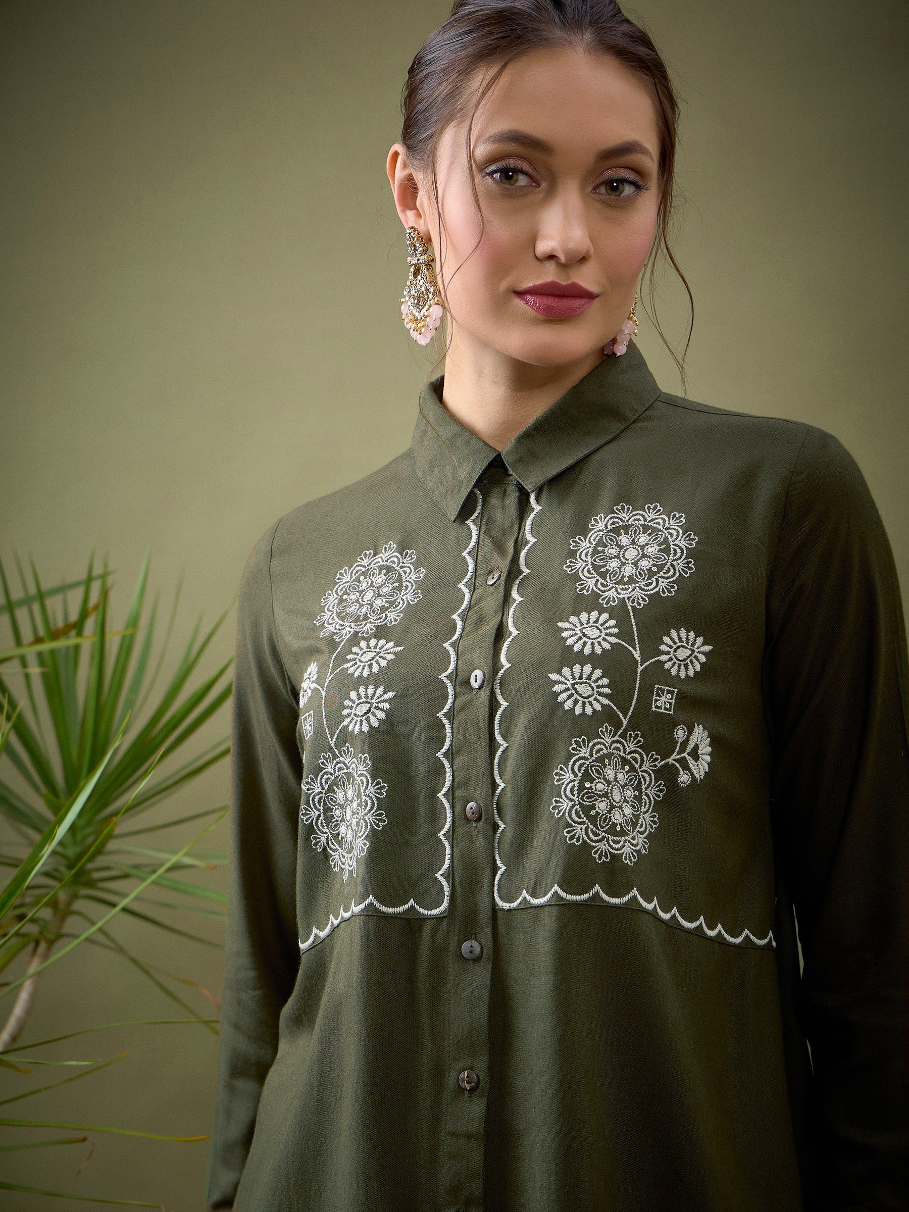 Olive Rayon Yoke Embroidered Shirt With Palazzos-Shae by SASSAFRAS
