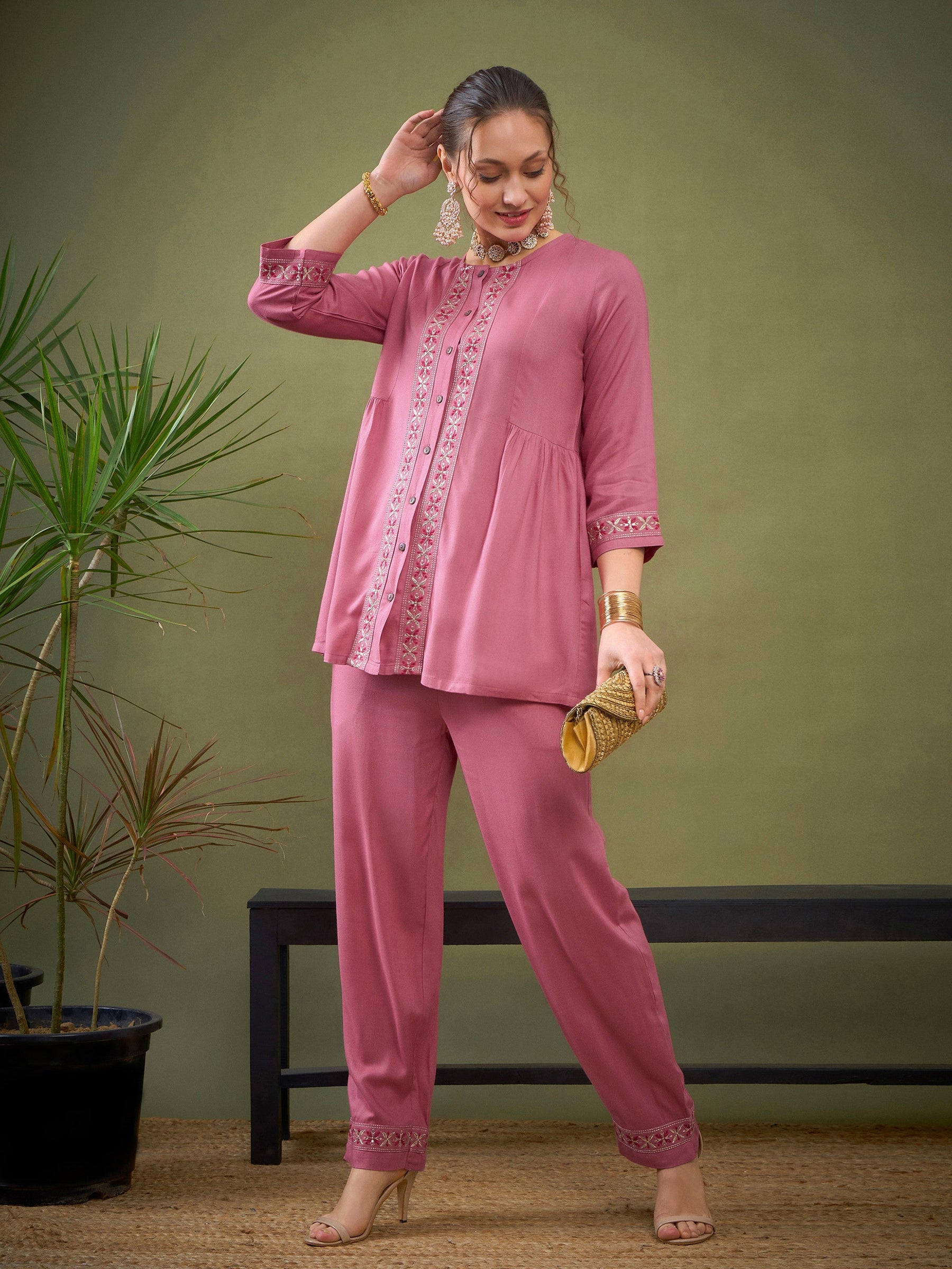 Pink Front Embroidered Shirt With Palazzos -Shae by SASSAFRAS