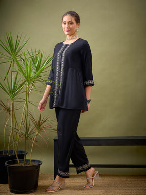 Black Front Embroidered Shirt With Palazzos -Shae by SASSAFRAS