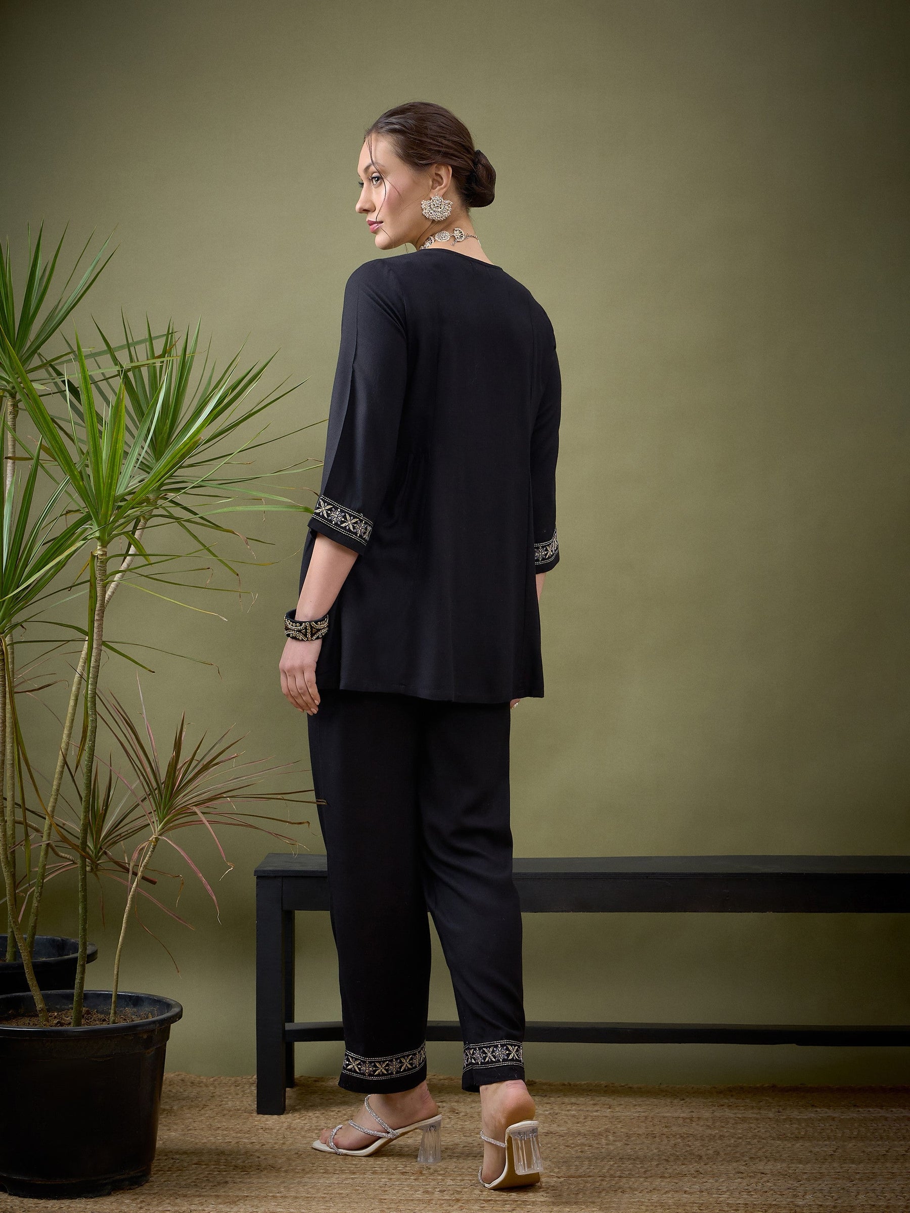 Black Front Embroidered Shirt With Palazzos -Shae by SASSAFRAS