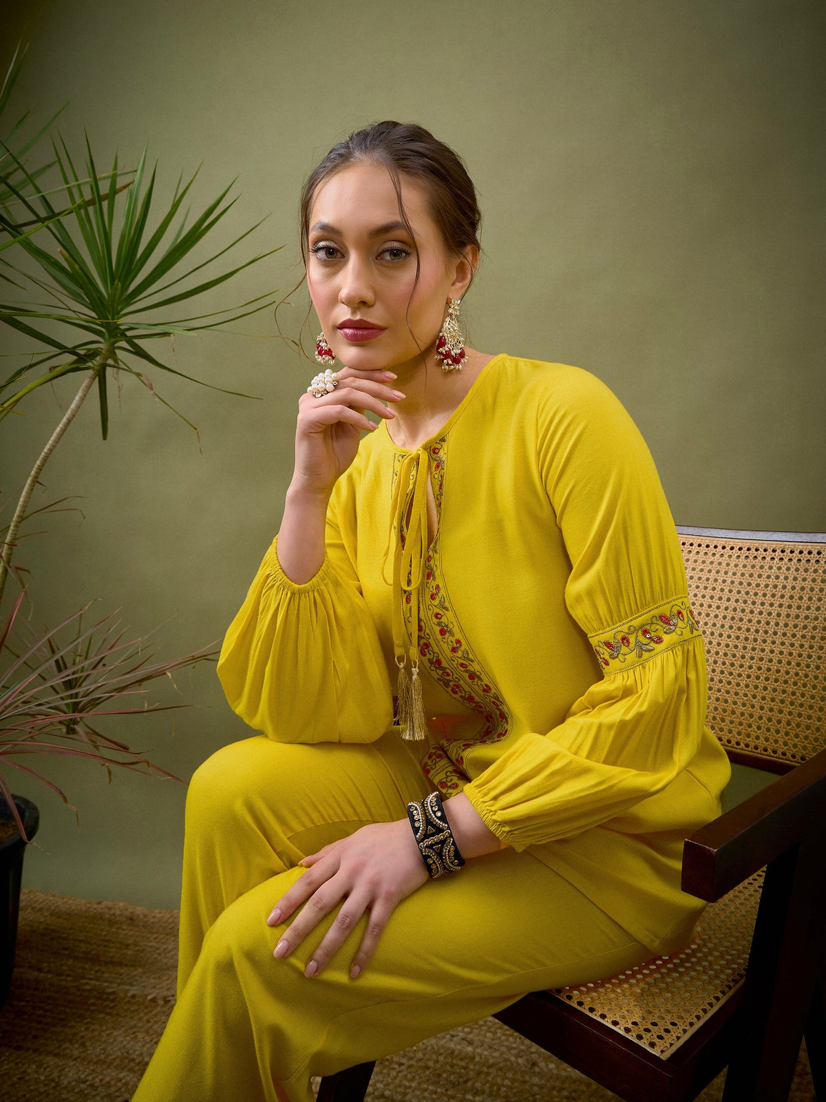 Yellow Front Embroidered Shirt With Palazzos-Shae by SASSAFRAS