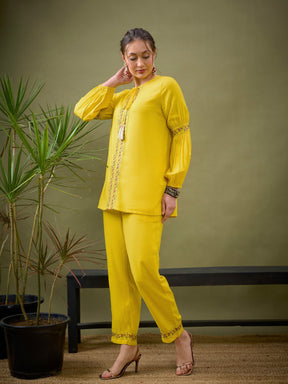 Yellow Front Embroidered Shirt With Palazzos-Shae by SASSAFRAS