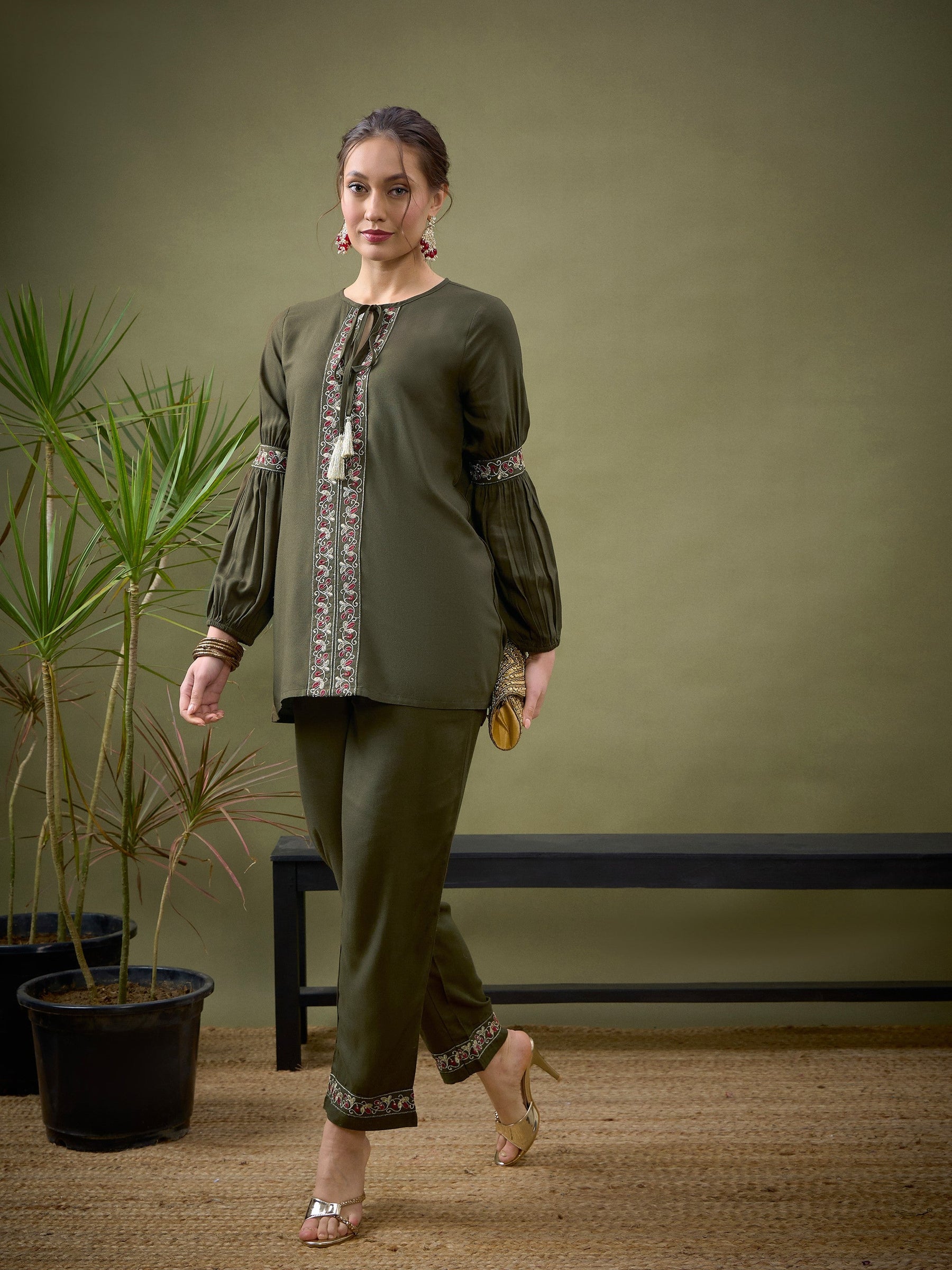 Olive Front Embroidered Shirt With Palazzos-Shae by SASSAFRAS