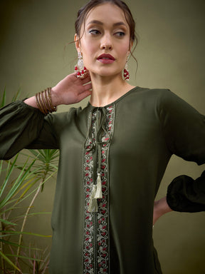 Olive Front Embroidered Shirt With Palazzos-Shae by SASSAFRAS