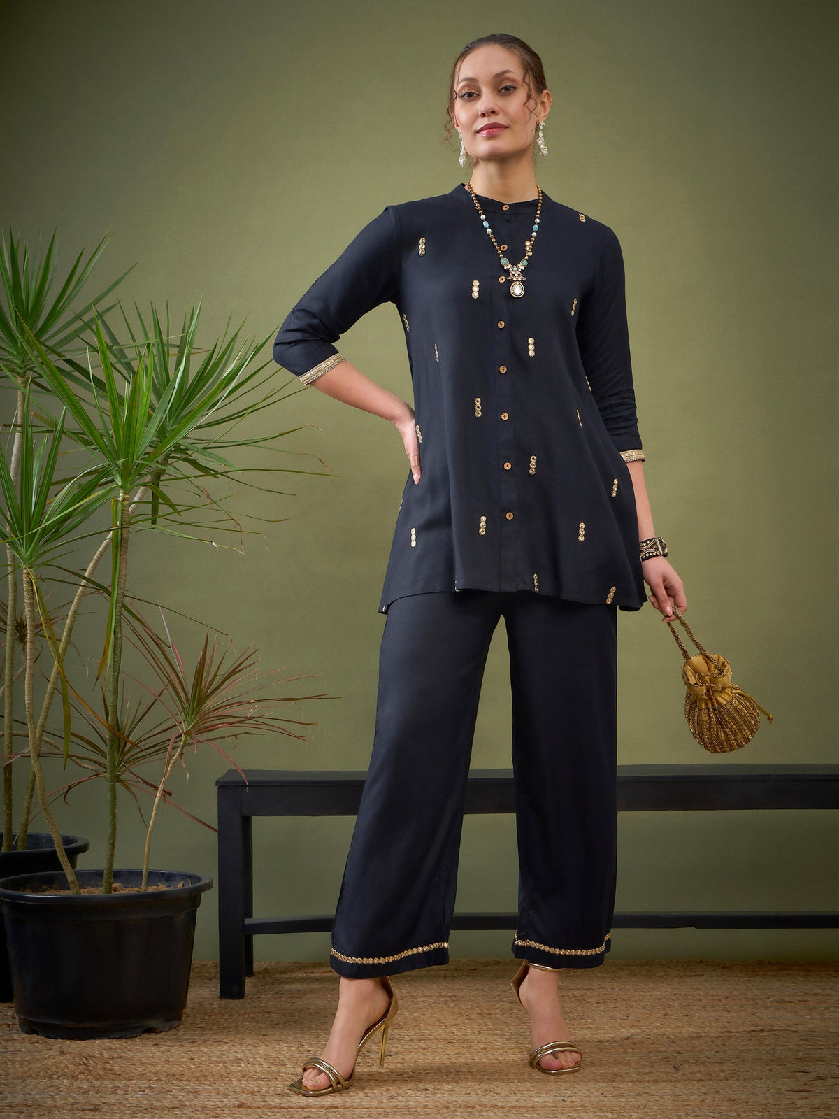 Black Rayon Mirror Embroidered Shirt With Palazzos-Shae by SASSAFRAS