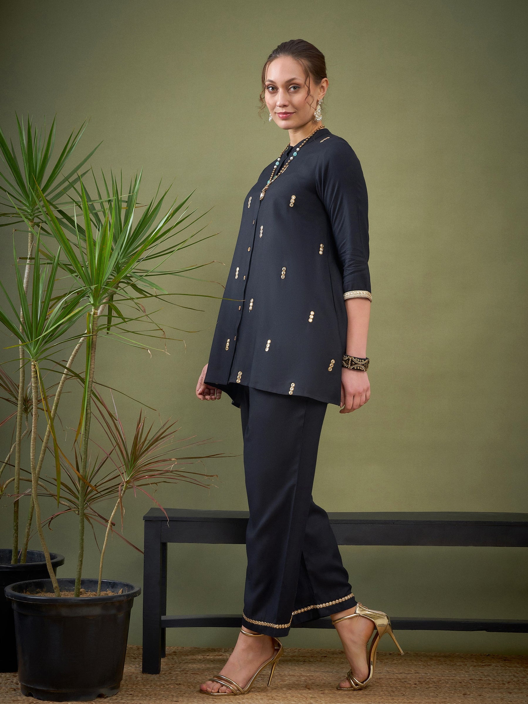 Black Rayon Mirror Embroidered Shirt With Palazzos-Shae by SASSAFRAS