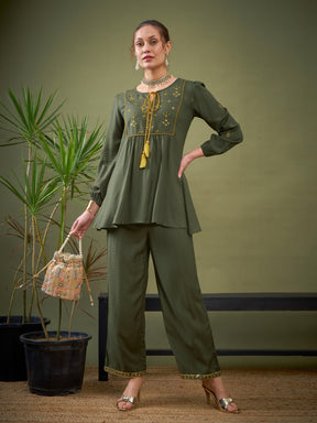 Olive Embroidered Peplum Top With Palazzos-Shae by SASSAFRAS