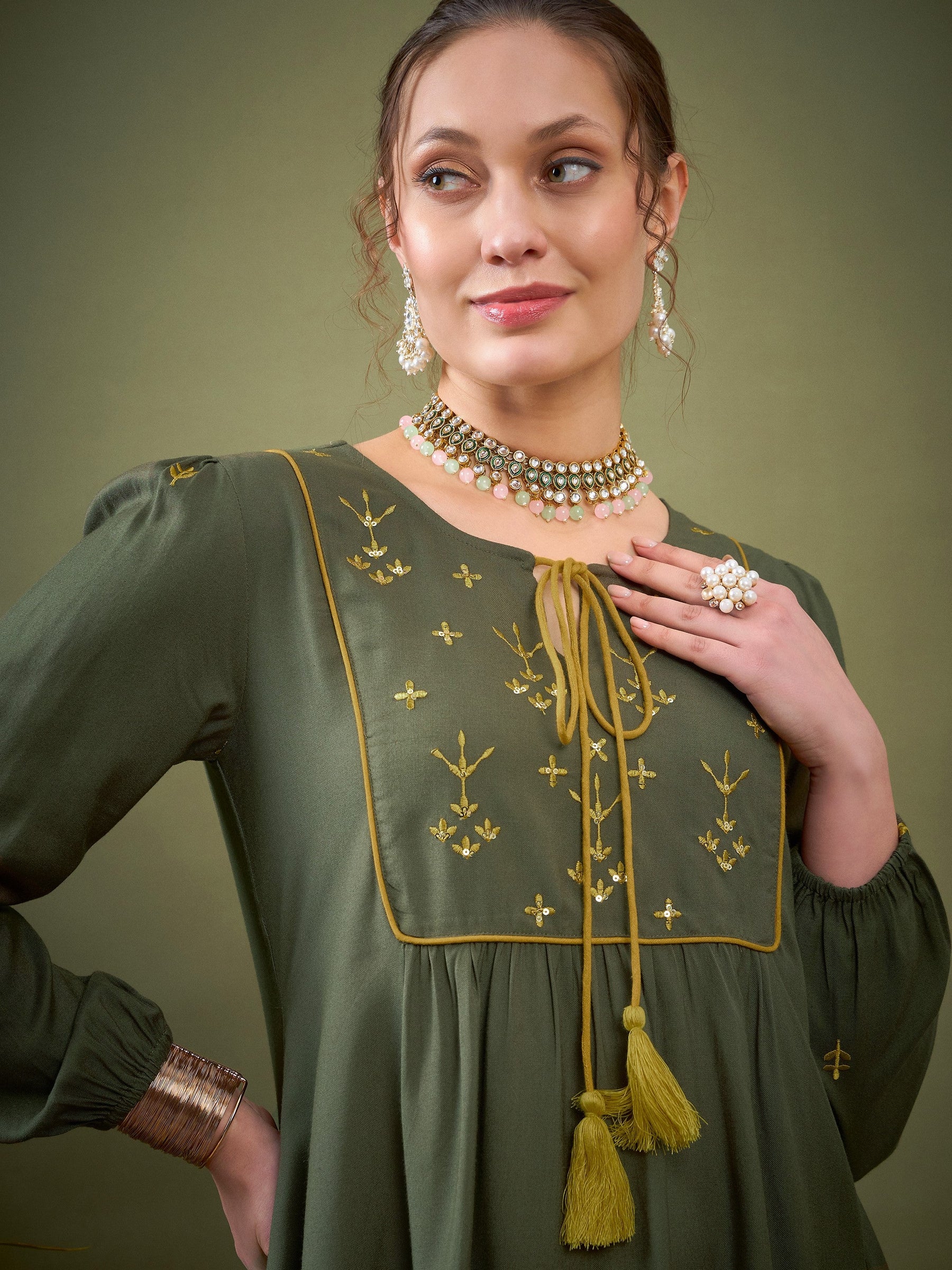 Olive Embroidered Peplum Top With Palazzos-Shae by SASSAFRAS