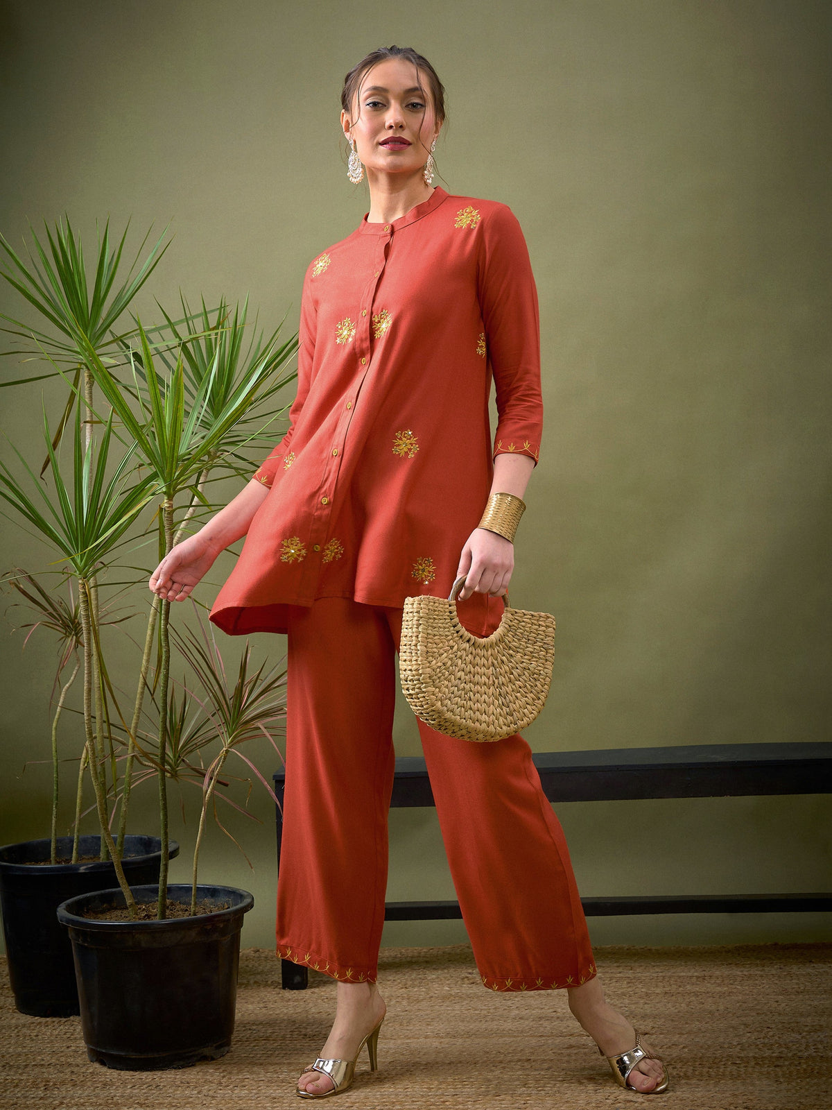 Rust All Over Embroidered Shirt With Palazzos-Shae by SASSAFRAS