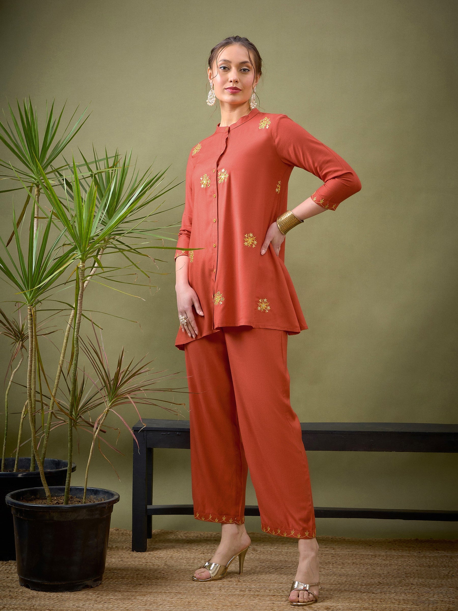 Rust All Over Embroidered Shirt With Palazzos-Shae by SASSAFRAS